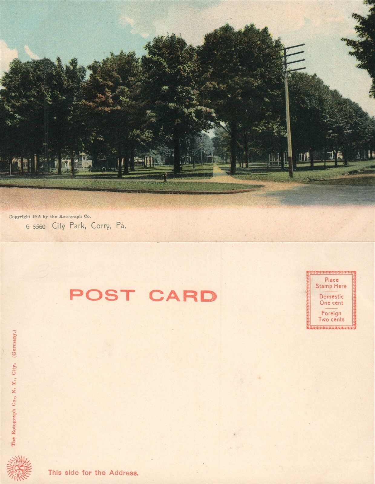 CORRY PA CITY PARK ANTIQUE UNDIVIDED POSTCARD