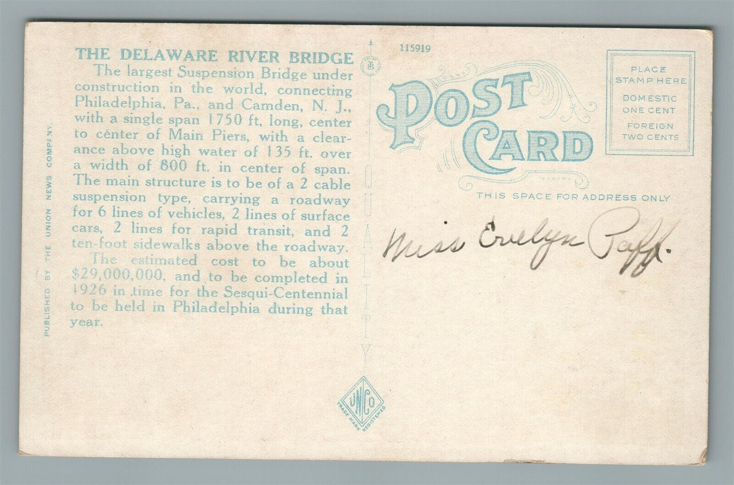 PHILADELPHIA PA DELAWARE RIVER BRIDGE TO CAMDEN ANTIQUE POSTCARD