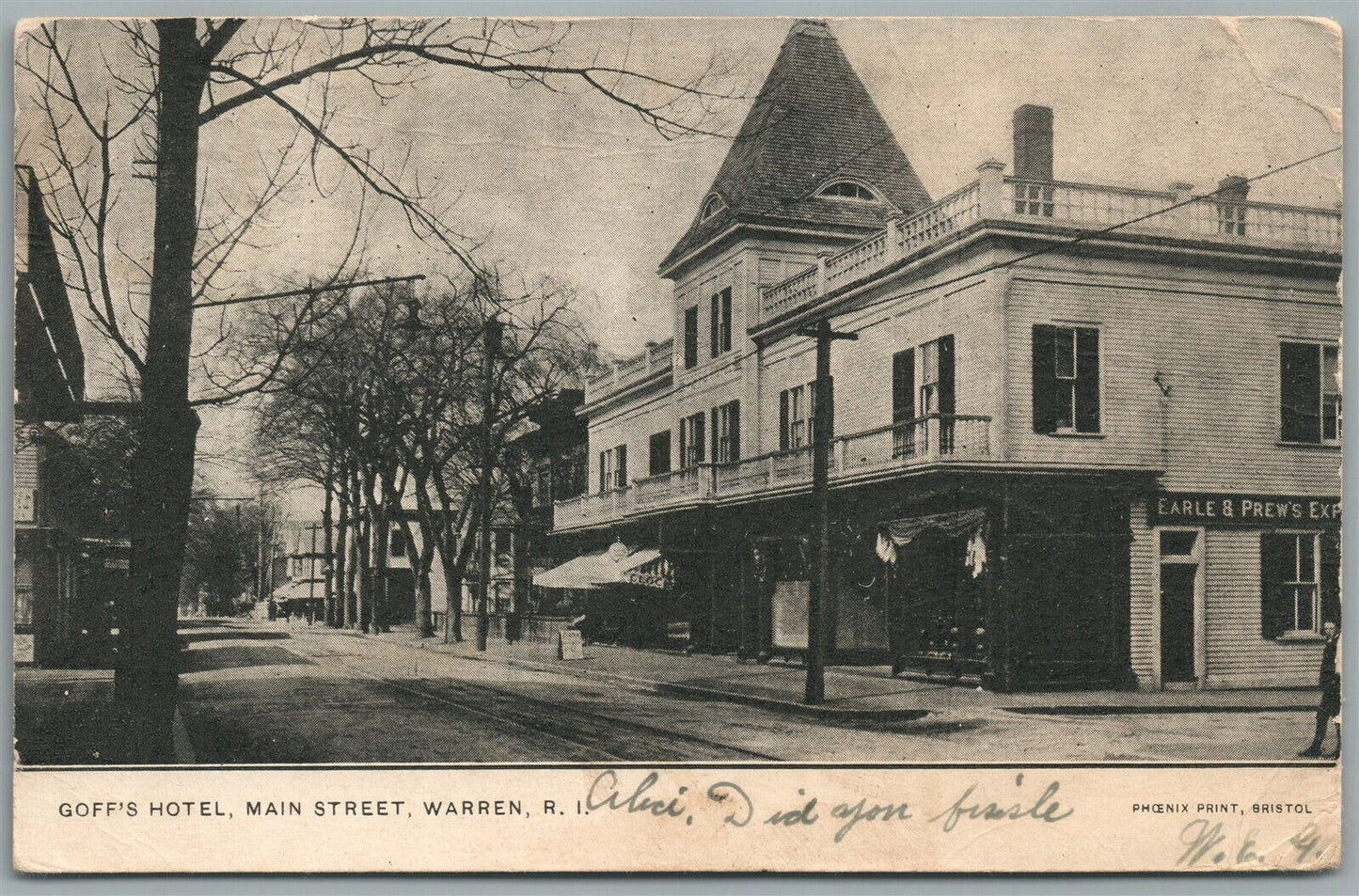 WARREN RI MAIN STREET COFF'S HOTEL ANTIQUE POSTCARD