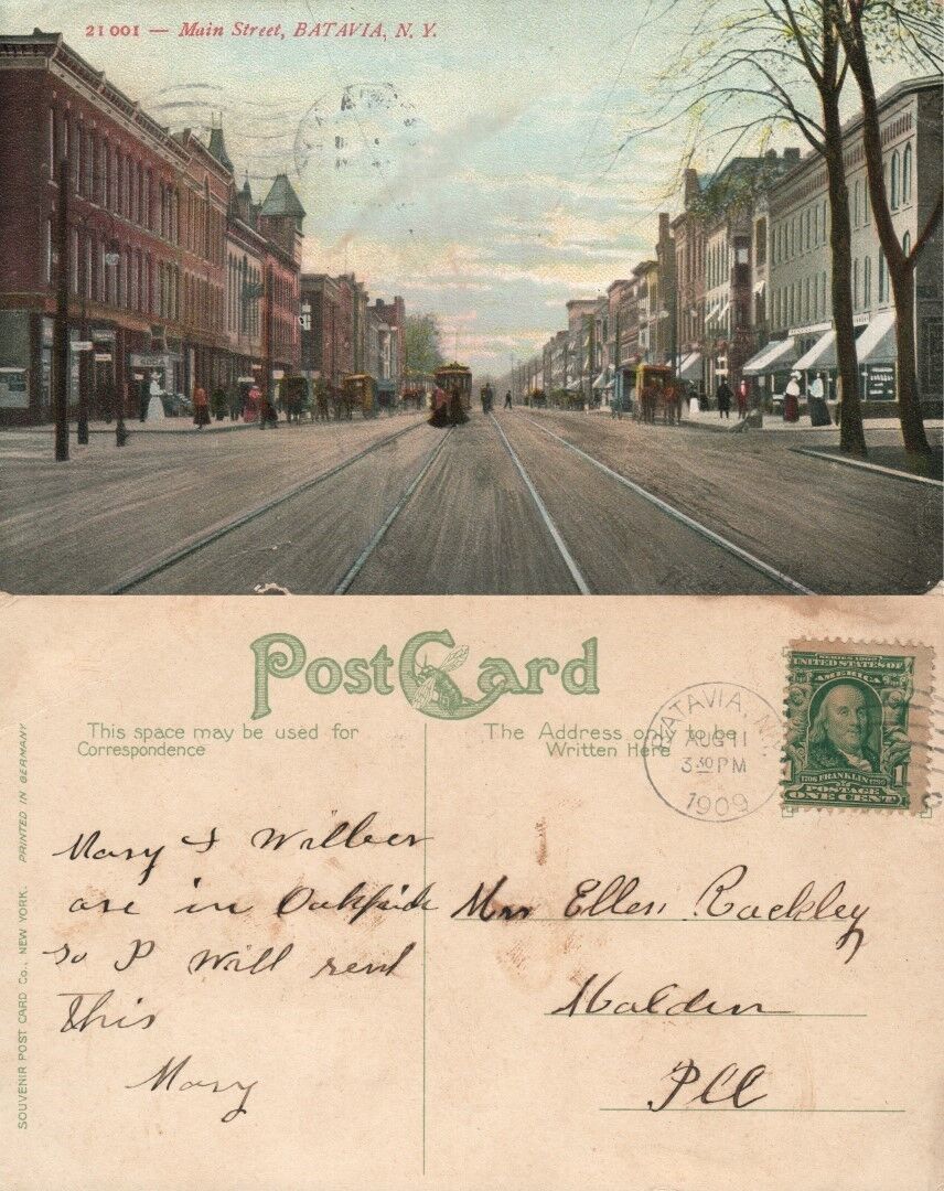 BATAVIA N.Y. MAIN STREET 1909 ANTIQUE POSTCARD