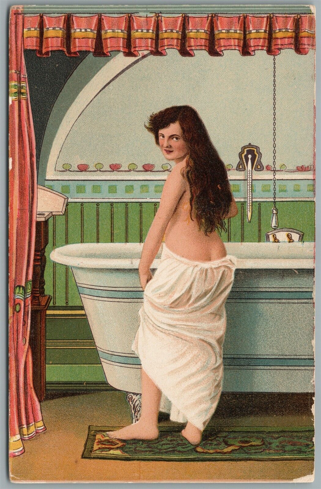 BEAUTY AFTER BATH TAKING ANTIQUE POSTCARD