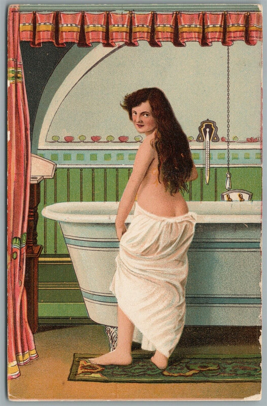 BEAUTY AFTER BATH TAKING ANTIQUE POSTCARD