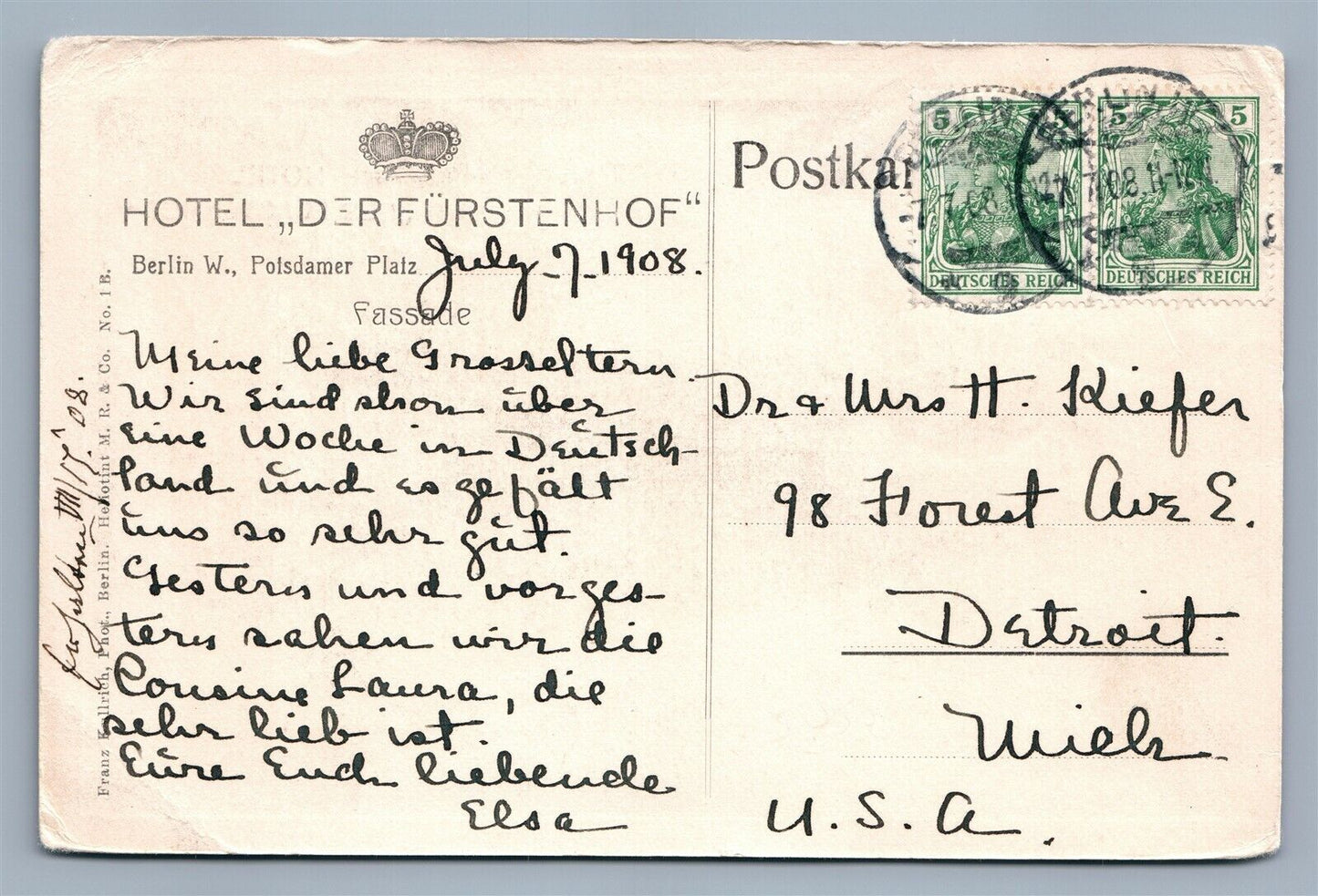 BERLIN GERMANY HOTEL DER FURSTENHOF 1908 ANTIQUE POSTCARD w/ STAMPS