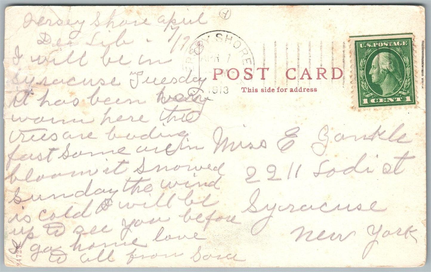 JERSEY SHORE PA MAIN STREET 1913 ANTIQUE POSTCARD