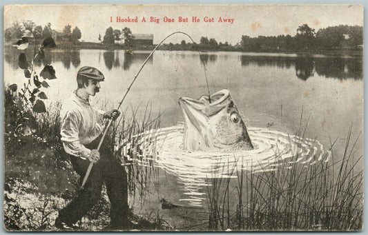 EXAGGERATED FISHING 1912 ANTIQUE POSTCARD I HOOKED A BIG ONE