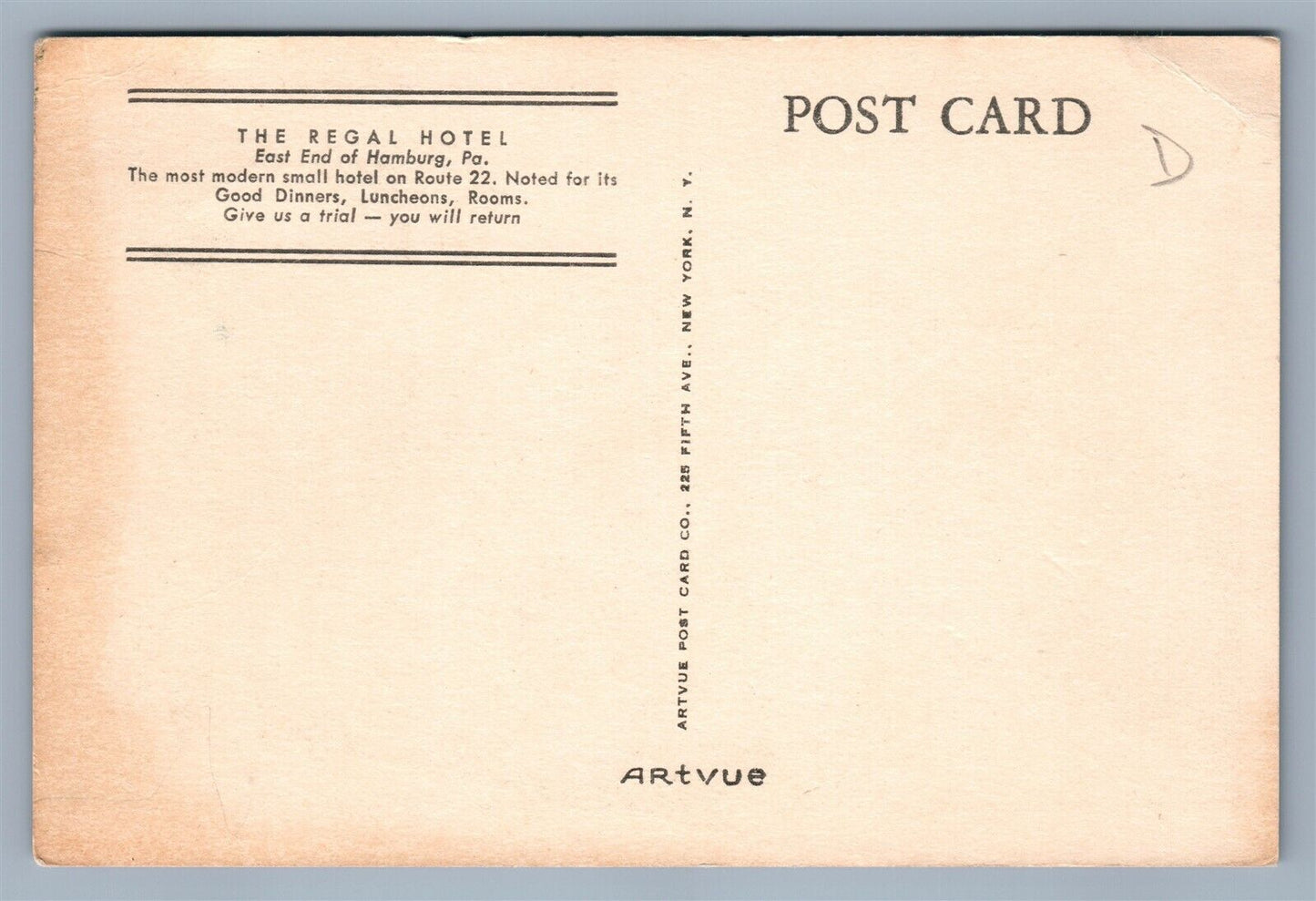 HAMBURG PA REGAL HOTEL ANTIQUE POSTCARD