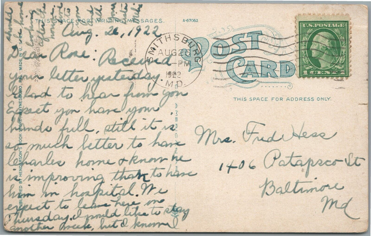 WAYNESBORO PA CENTER SQUARE ANTIQUE POSTCARD