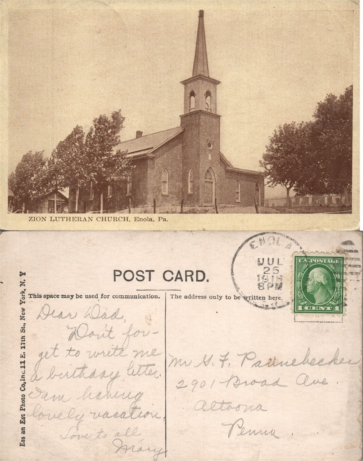 ENOLA PA ZION LUTHERAN CHURCH 1915 ANTIQUE POSTCARD w/ CORK CANCEL