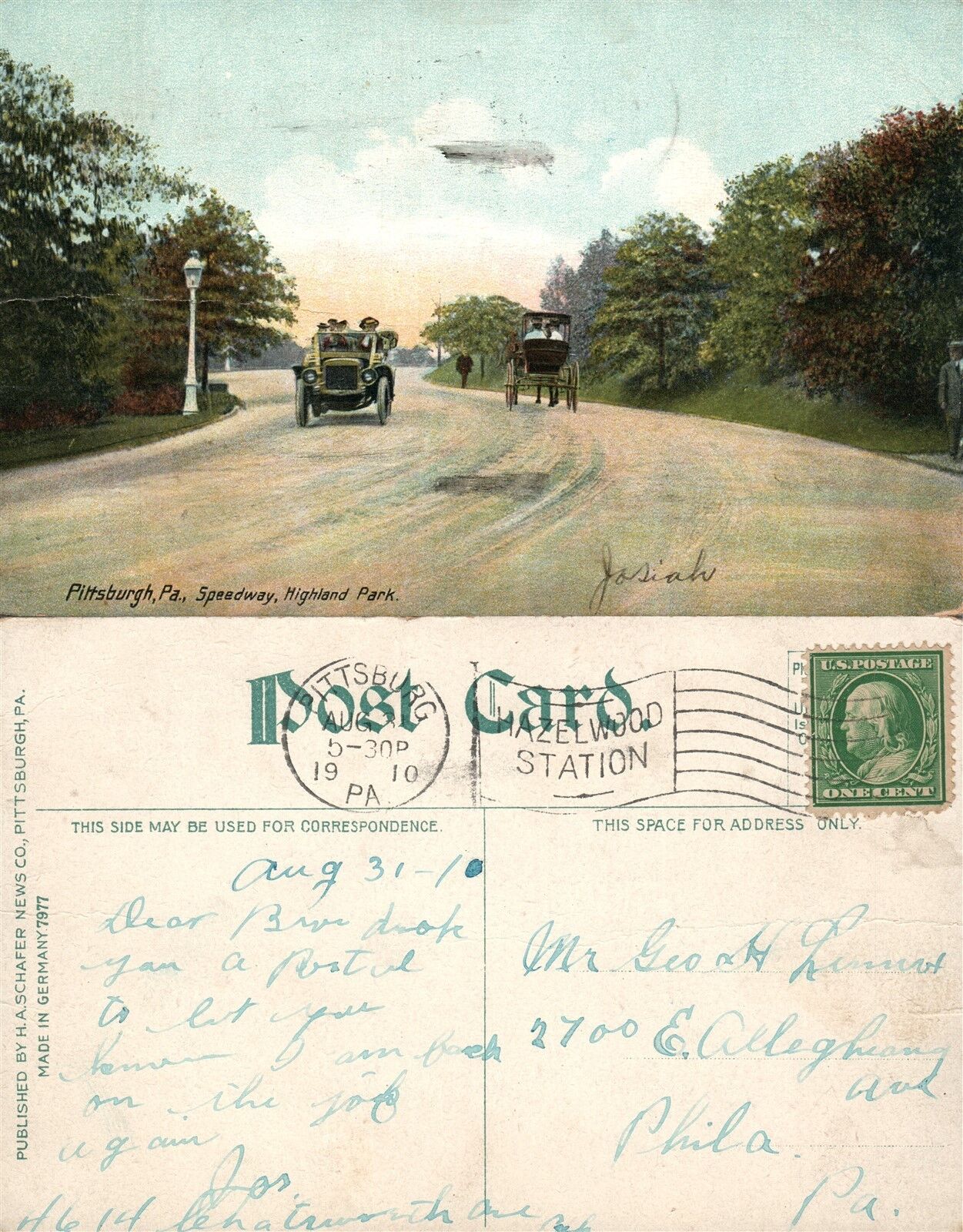 PITTSBURG PA HIGHLAND PARK SPEEDWAY 1910 ANTIQUE POSTCARD
