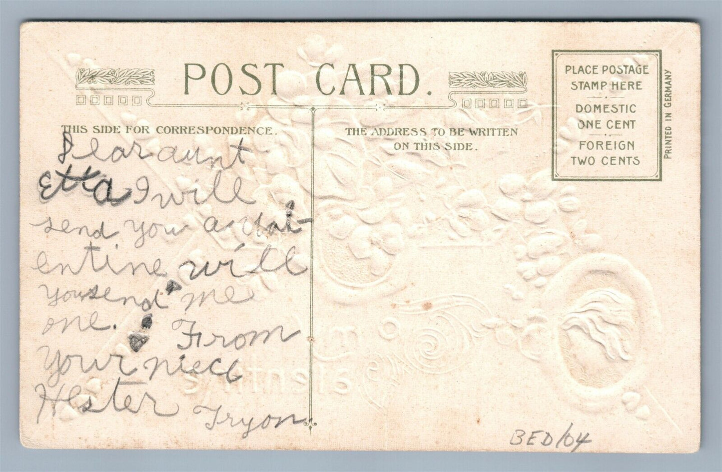 VALENTINE 1910 ANTIQUE POSTCARD by JOHN WINSCH FACE IN FLOWERS