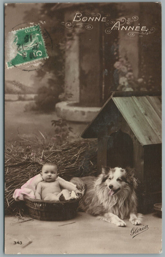 BABY w/ DOG NEW YEAR ANTIQUE REAL PHOTO POSTCARD RPPC