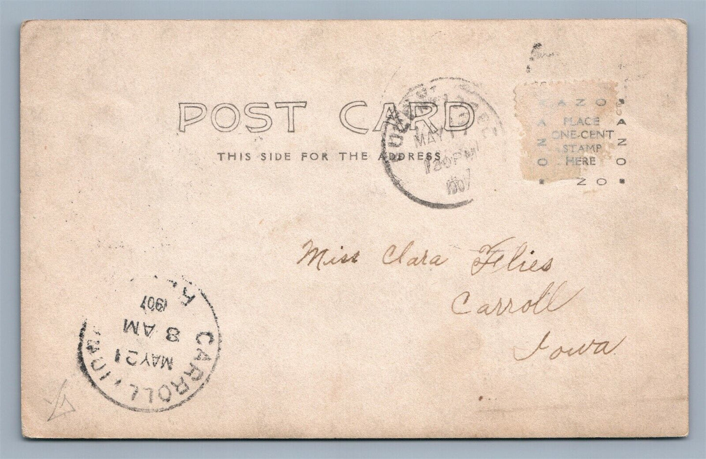 CHURCH BUILDING 1907 ANTIQUE REAL PHOTO POSTCARD RPPC w/ IOWA POSTMARK