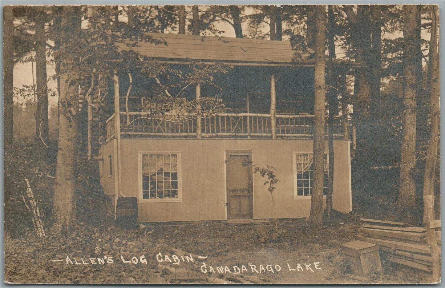 CANADARAGO LAKE NY ALLEN'S LOG CABIN ANTIQUE REAL PHOTO POSTCARD RPPC