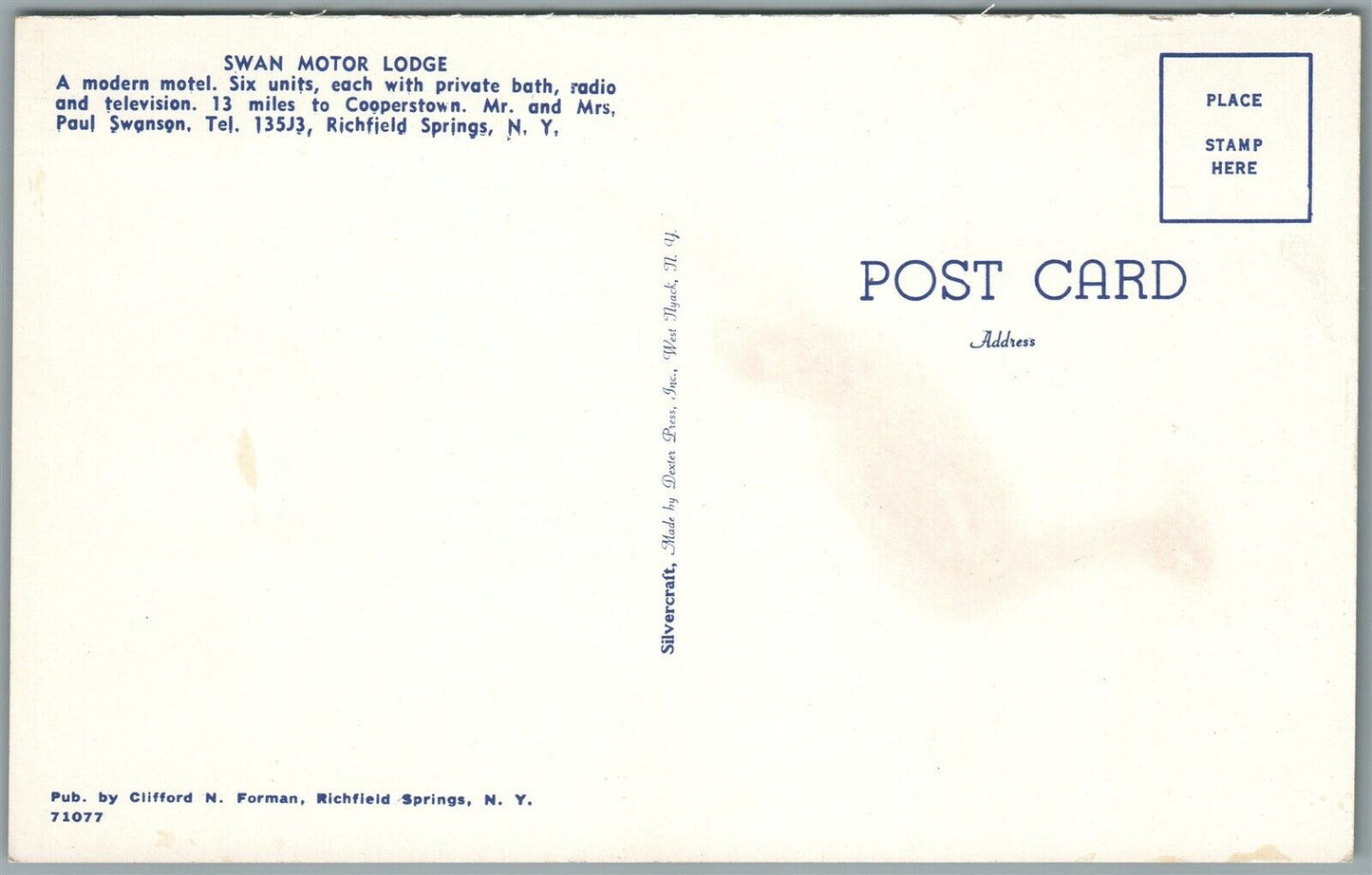 RICHFIELD SPRINGS NY SWAN MOTOR LODGE VINTAGE POSTCARD