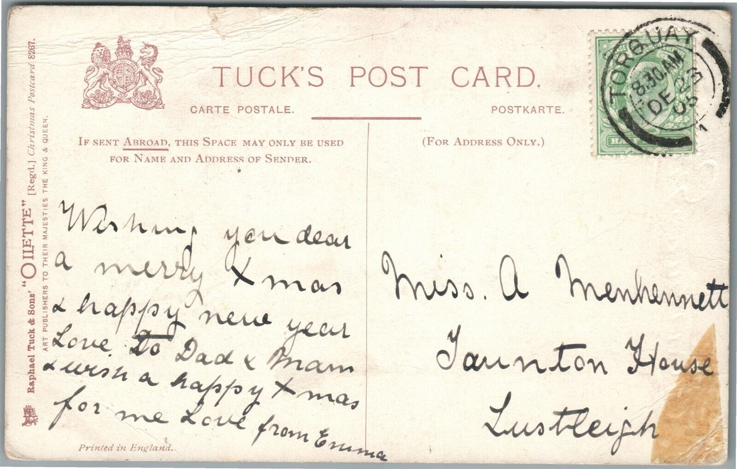 SANTA w/ ANGEL CHRISTMAS GREETINGS ANTIQUE POSTCARD