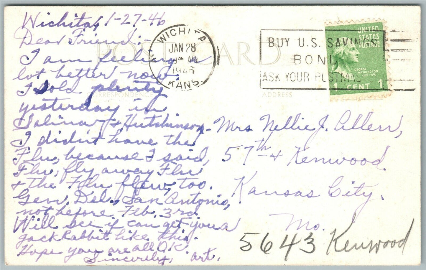 EXAGGERATED RABBIT 1946 VINTAGE POSTCARD