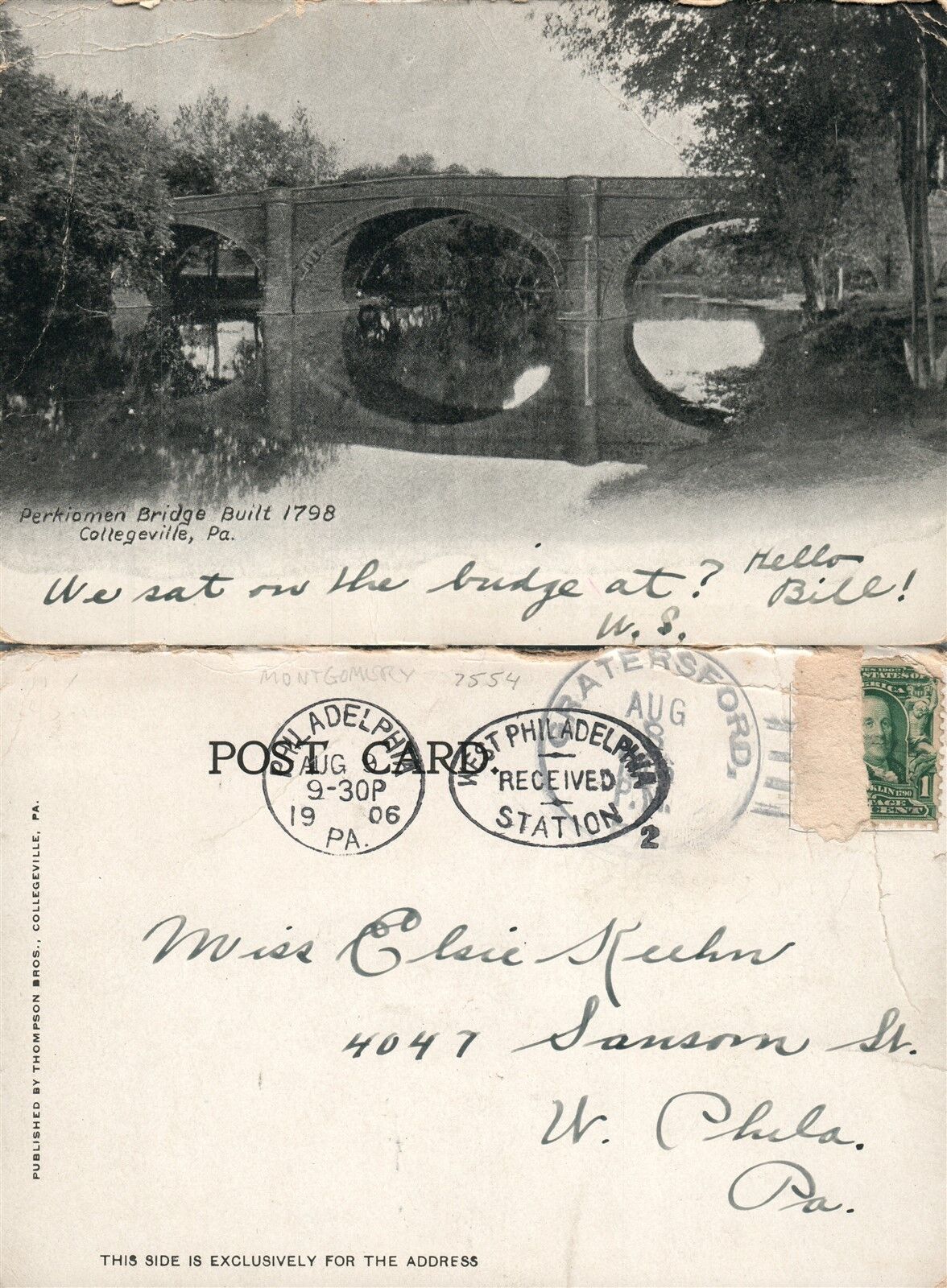 COLLEGEVILLE PA PERKIOMEN BRIDGE 1906 UNDIVIDED ANTIQUE POSTCARD