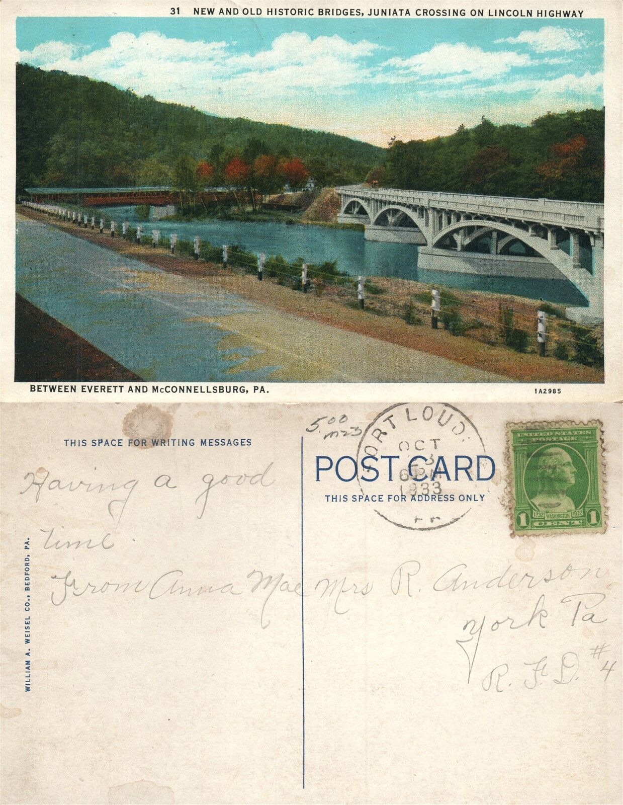 BETWEEN EVERETT & McCONNELLSBURG PA 1933 VINTAGE POSTCARD