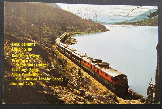 VINTAGE 1975 WHITE PASS & YUKON RAILWAY ADVERTISING POSTCARD LAKE BENNETT train
