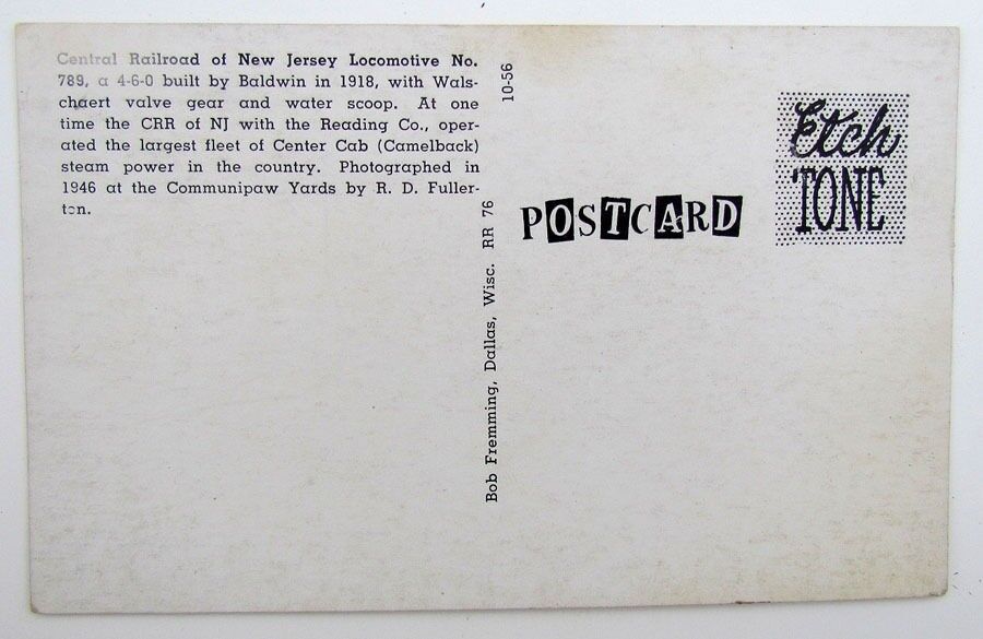 VINTAGE POSTCARD CENTRAL RAILROAD of NJ LOCOMOTIVE # 798 train railway