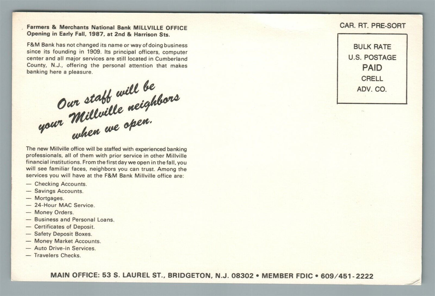 MILLVILLE NJ FARMERS & MERCHANTS NATIONAL BANK ADVERTISING VINTAGE POSTCARD