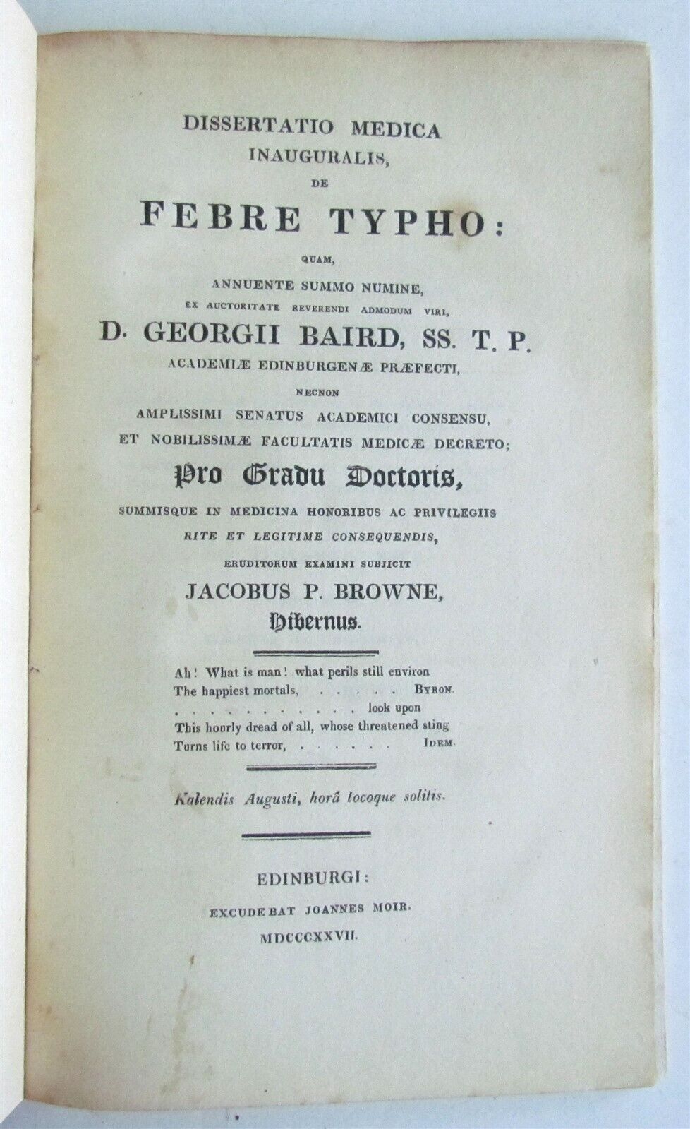 1827 THYPUS TREATISE DISSERTATIO MEDICA INAGURALIS de FEBRE TYPHO ANTIQUE