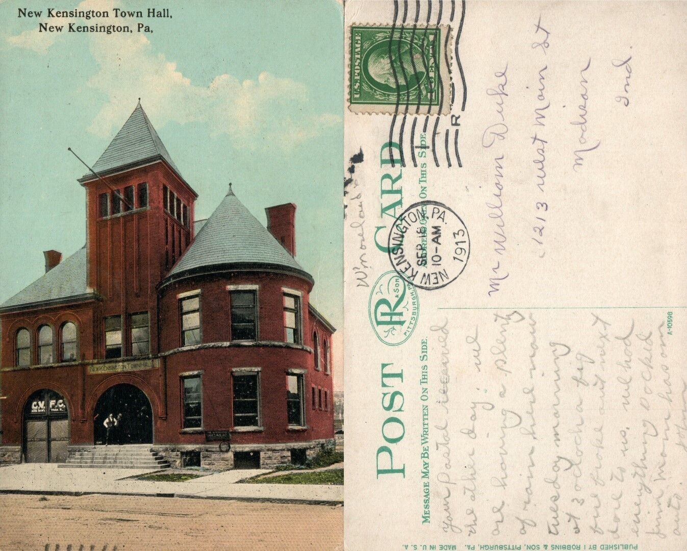 NEW KENSINGTON PA TOWN HALL 1913 ANTIQUE POSTCARD