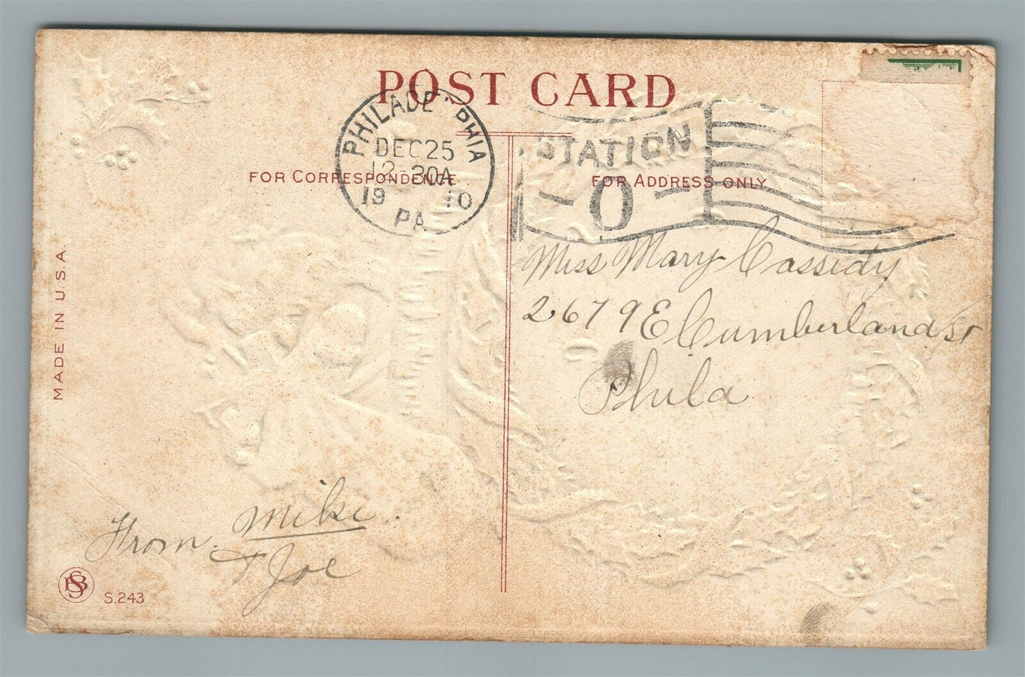 SANTA CLAUS w/ BAG OF TOPS COMES TO VISIT CHRISTMAS ANTIQUE POSTCARD