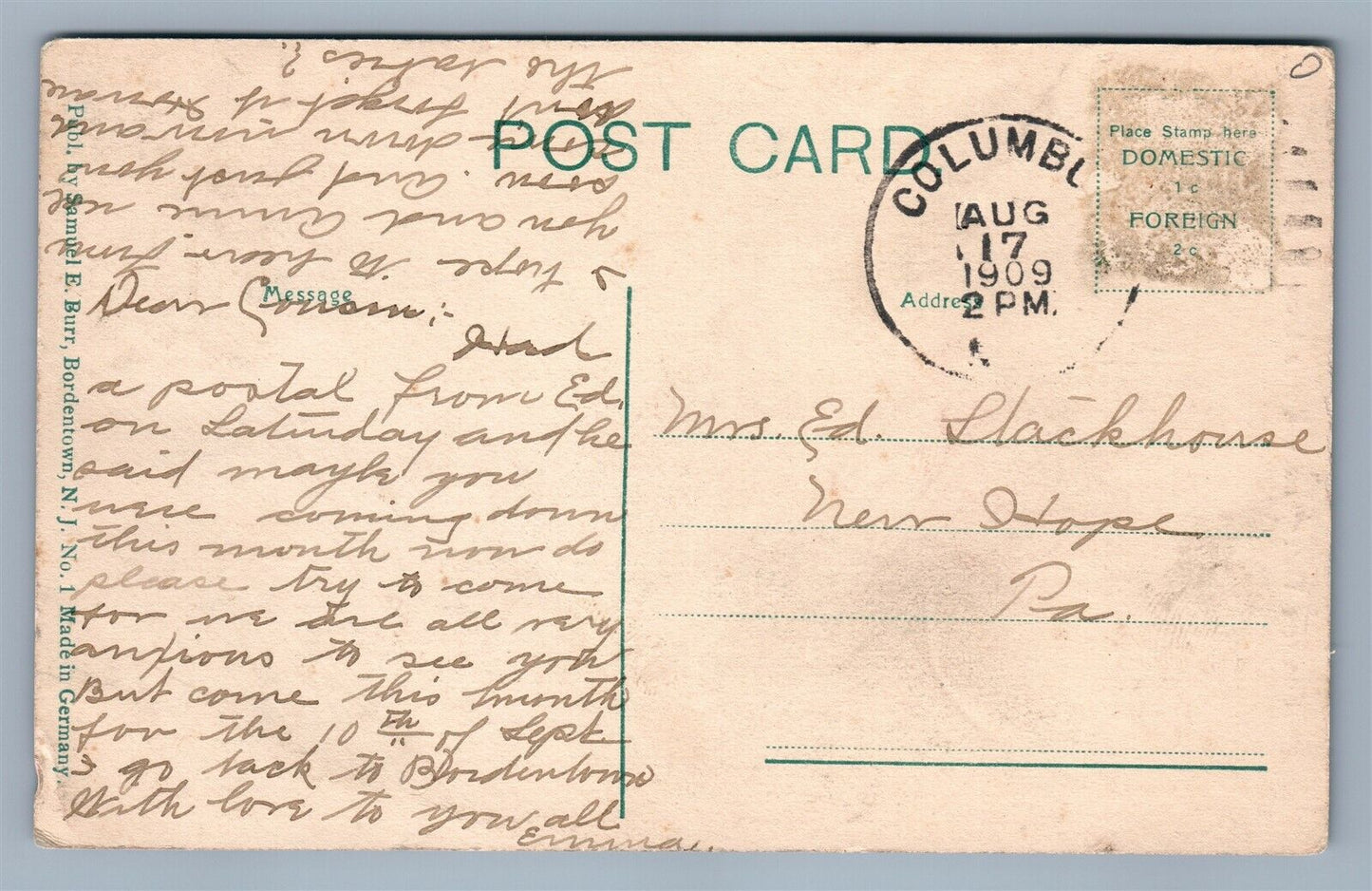 BORDENTOWN NJ CONCRETE WATER TOWER ANTIQUE POSTCARD