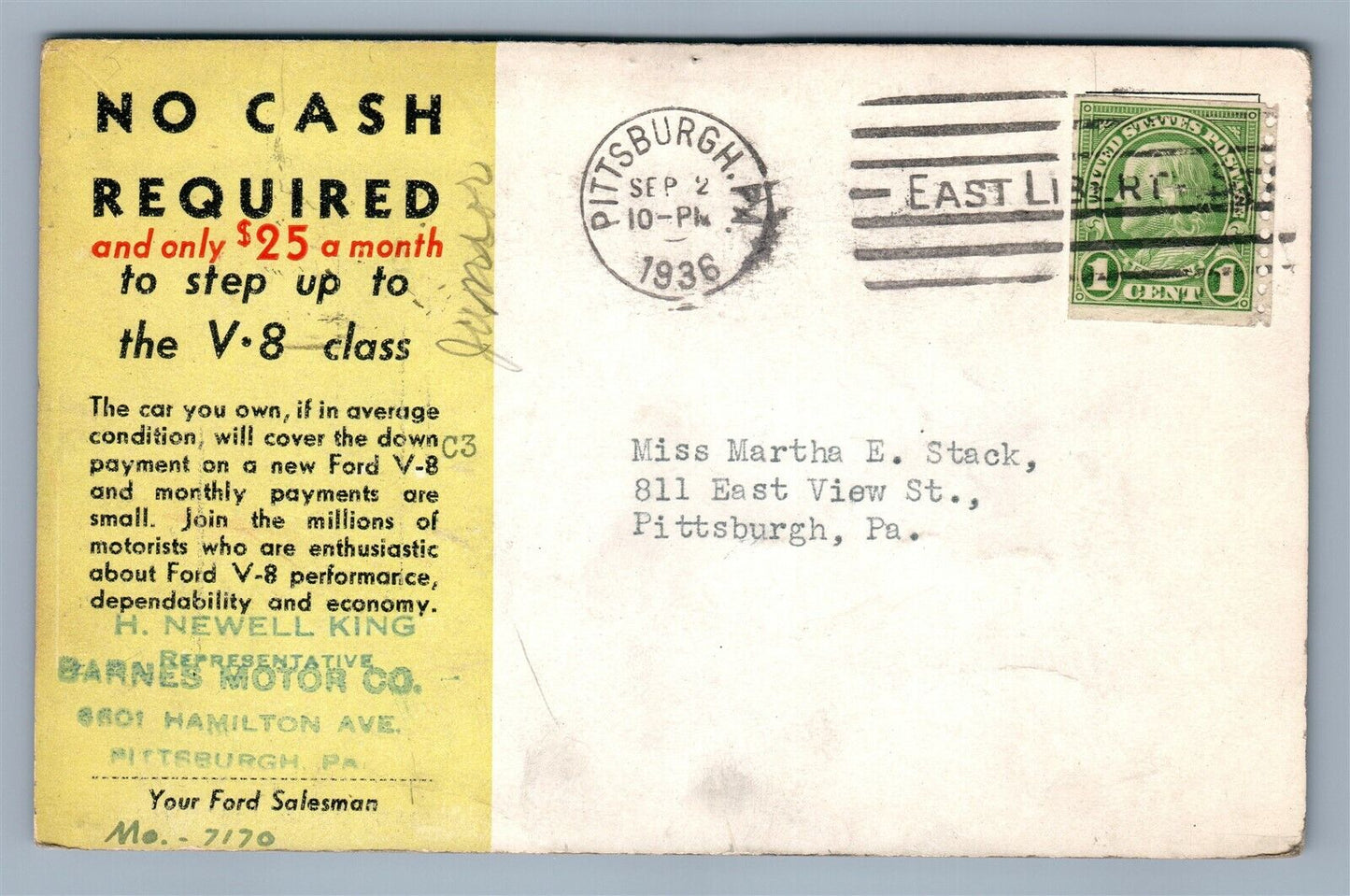 1936 FORD V-8 PITTSBURGH PA BARNES MOTOR CO. ADVERTISING VINTAGE POSTCARD