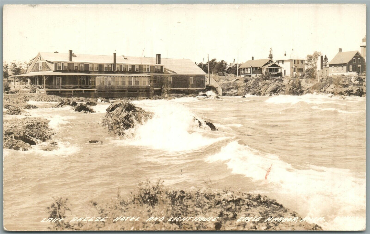 EAGLE HARBOR MI LAKE BREEZE HOTEL LIGHT HOUSE VINTAGE REAL PHOTO POSTCARD RPPC