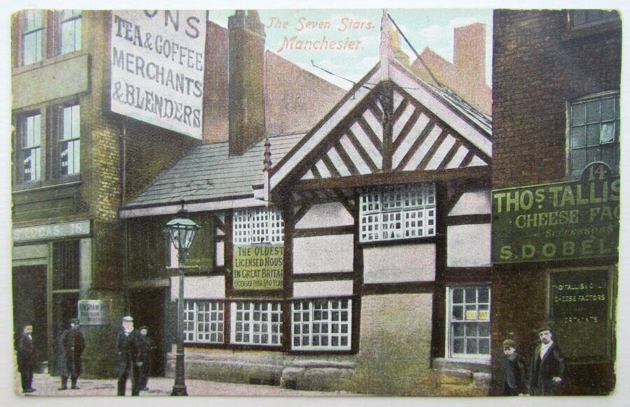 VINTAGE BRITISH POSTCARD THE SEVEN STARS MANCHESTER STREET SCENE store signs