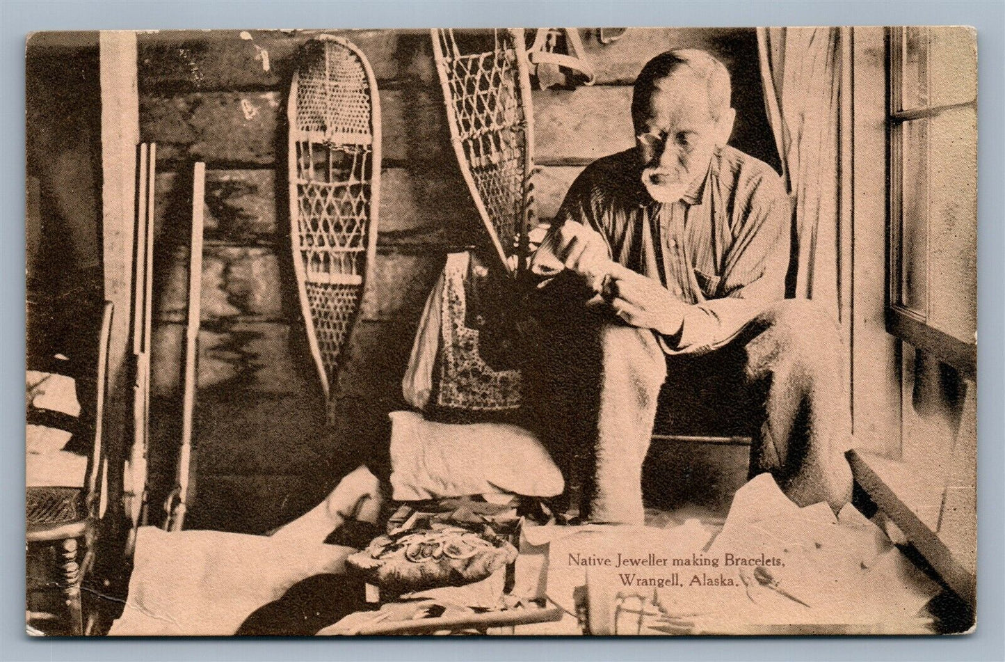 NATIVE JEWELLER MAKING BRACELETS WRANGELL AK ANTIQUE POSTCARD