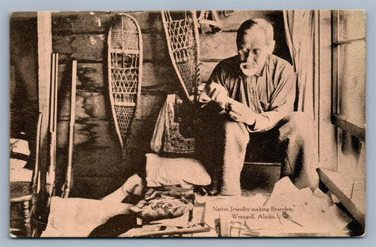 NATIVE JEWELLER MAKING BRACELETS WRANGELL AK ANTIQUE POSTCARD