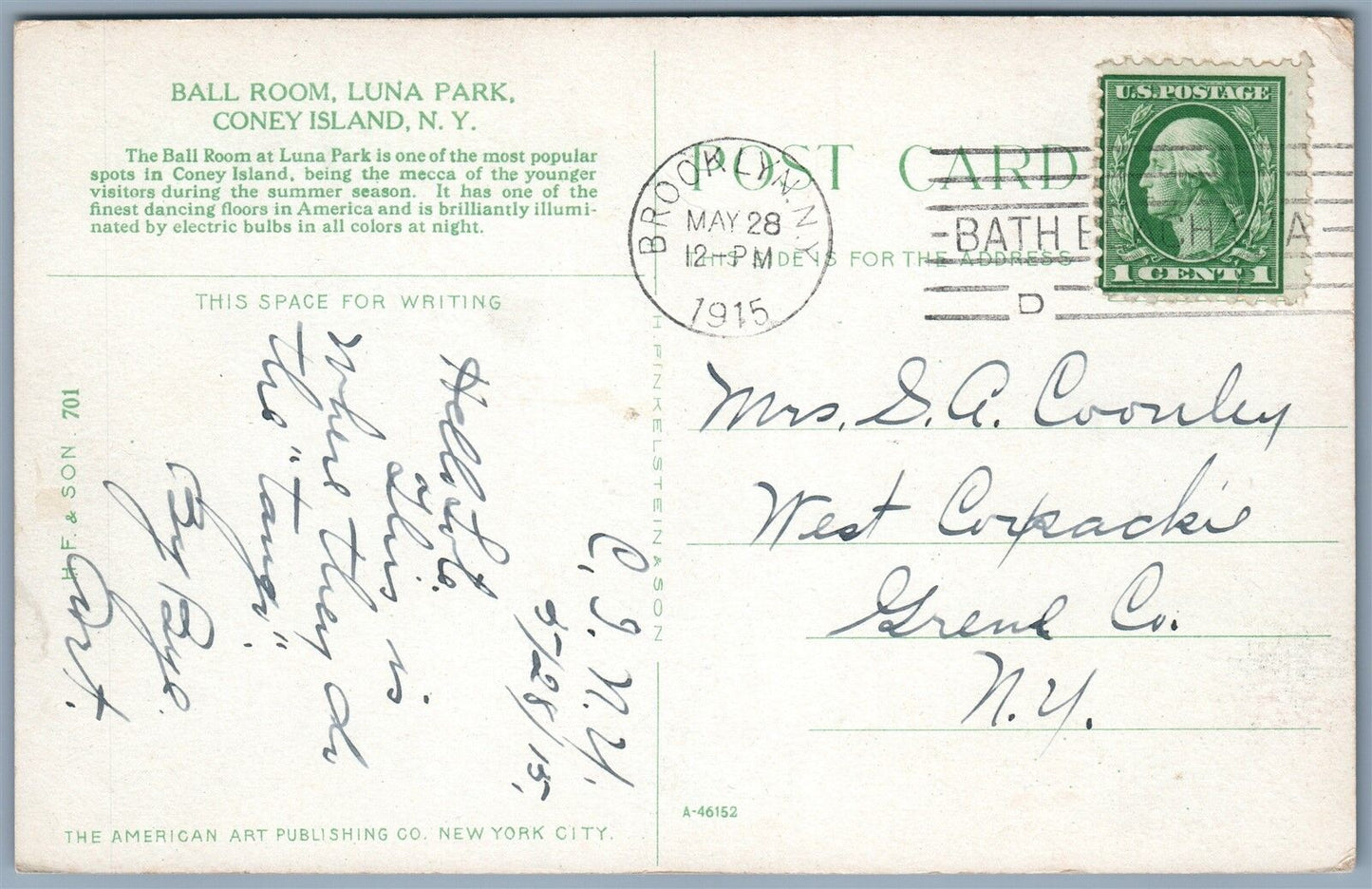 BROOKLYN NY LUNA PARK BALL ROOM 1915 ANTIQUE POSTCARD
