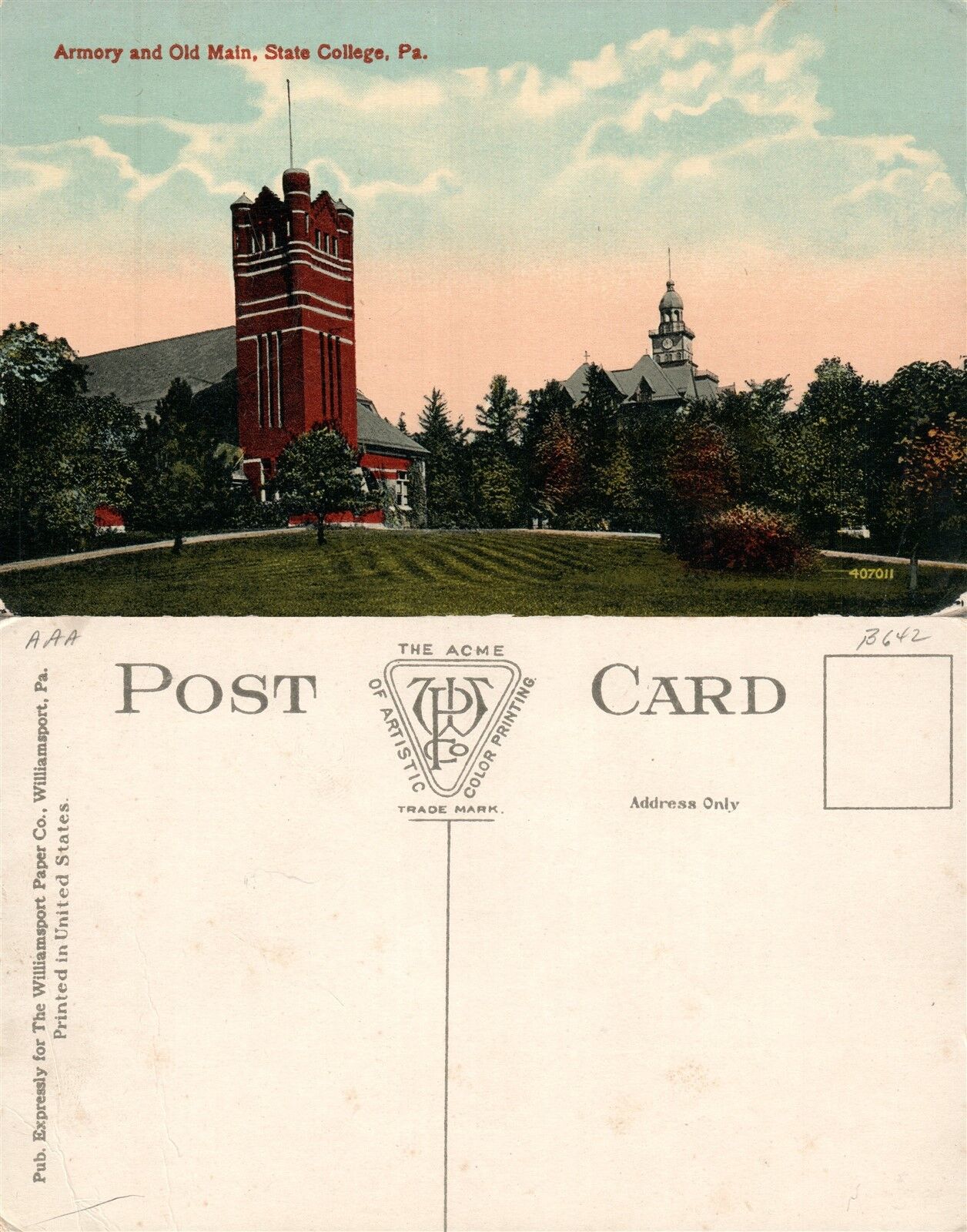 STATE COLLEGE PA ARMORY & OLD MAIN ANTIQUE POSTCARD