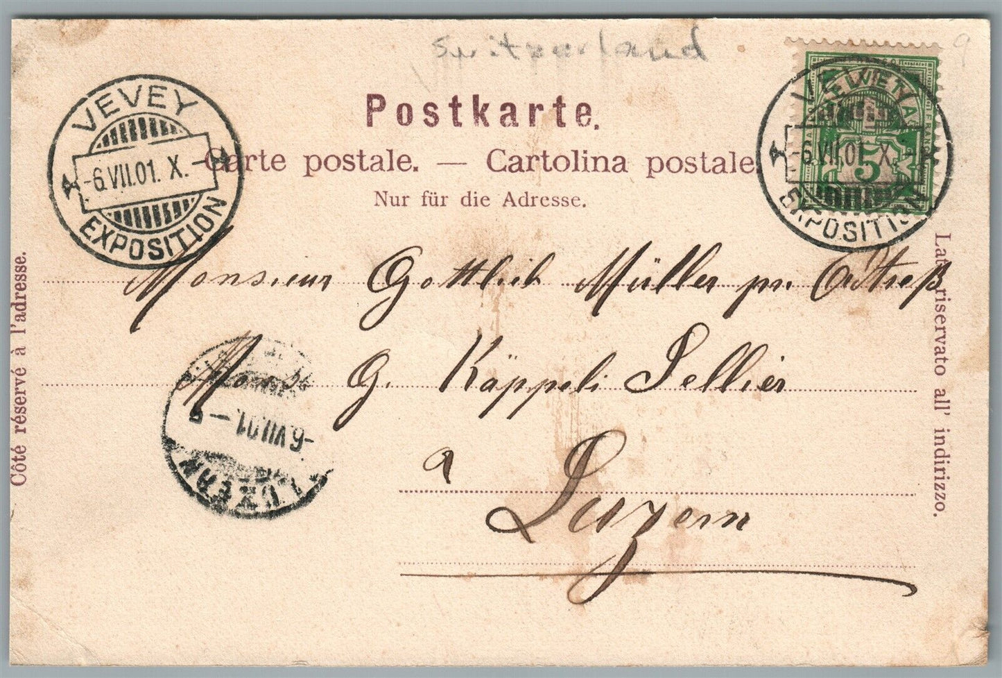 SWITZERLAND EXPOSITION VEVEY 1901 ANTIQUE POSTCARD w/ STAMP