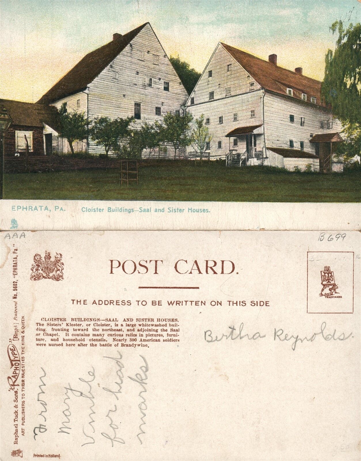 EPHRATA PA CLOISTER BUILDINGS SAAL & SISTER HOUSES UNDIVIDED ANTIQUE POSTCARD