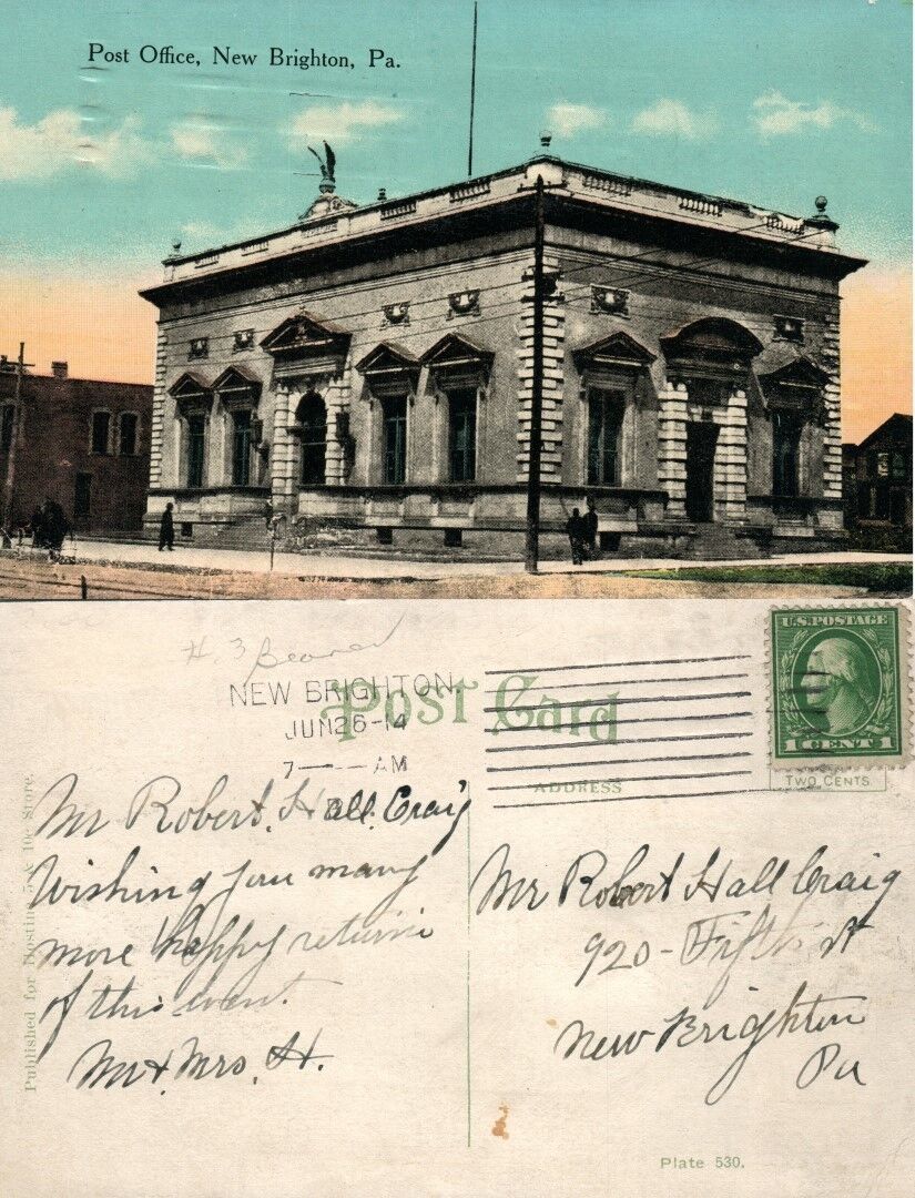 NEW BRIGHTON PA POST OFFICE 1914 ANTIQUE POSTCARD