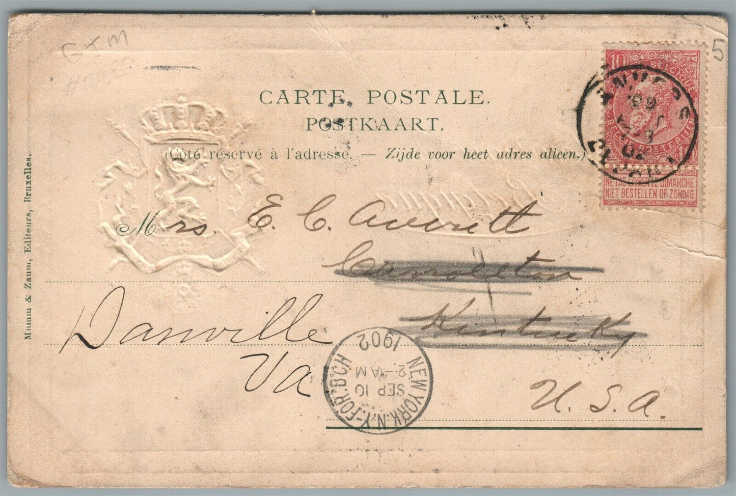 BELGIUM 1902 EMBOSSED ANTIQUE POSTCARD w/ STAMP