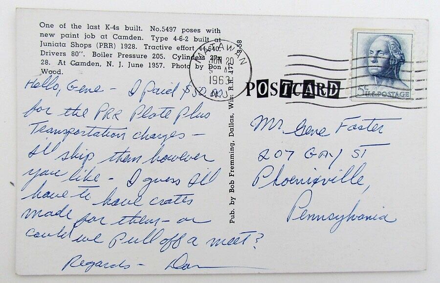 VINTAGE 1963 POSTCARD K-4 LOCOMOTIVE at CAMDEN RAILROAD railway train