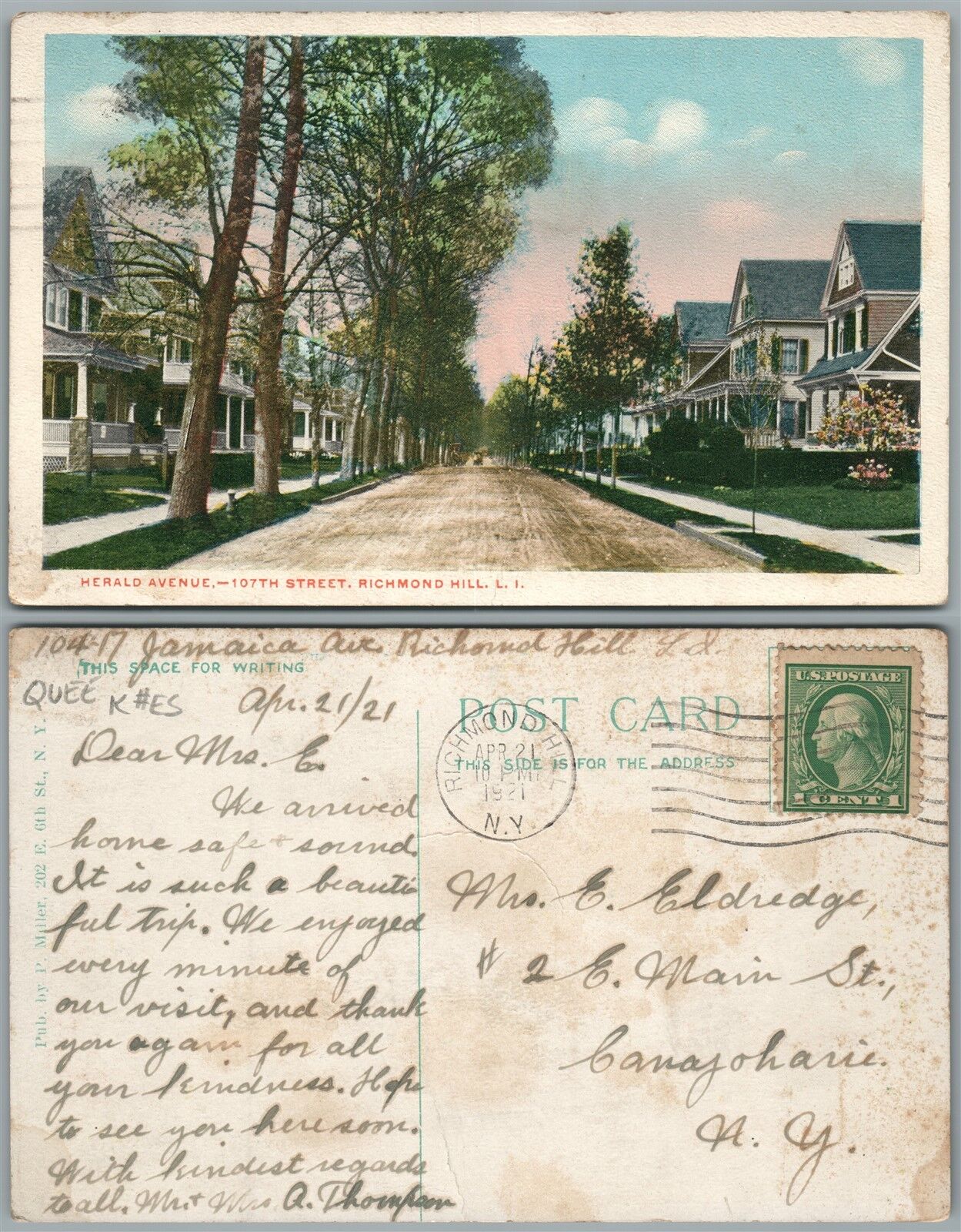 LONG ISLAND RICHMOND HILL N.Y. HERALD AVENUE 1921 ANTIQUE POSTCARD