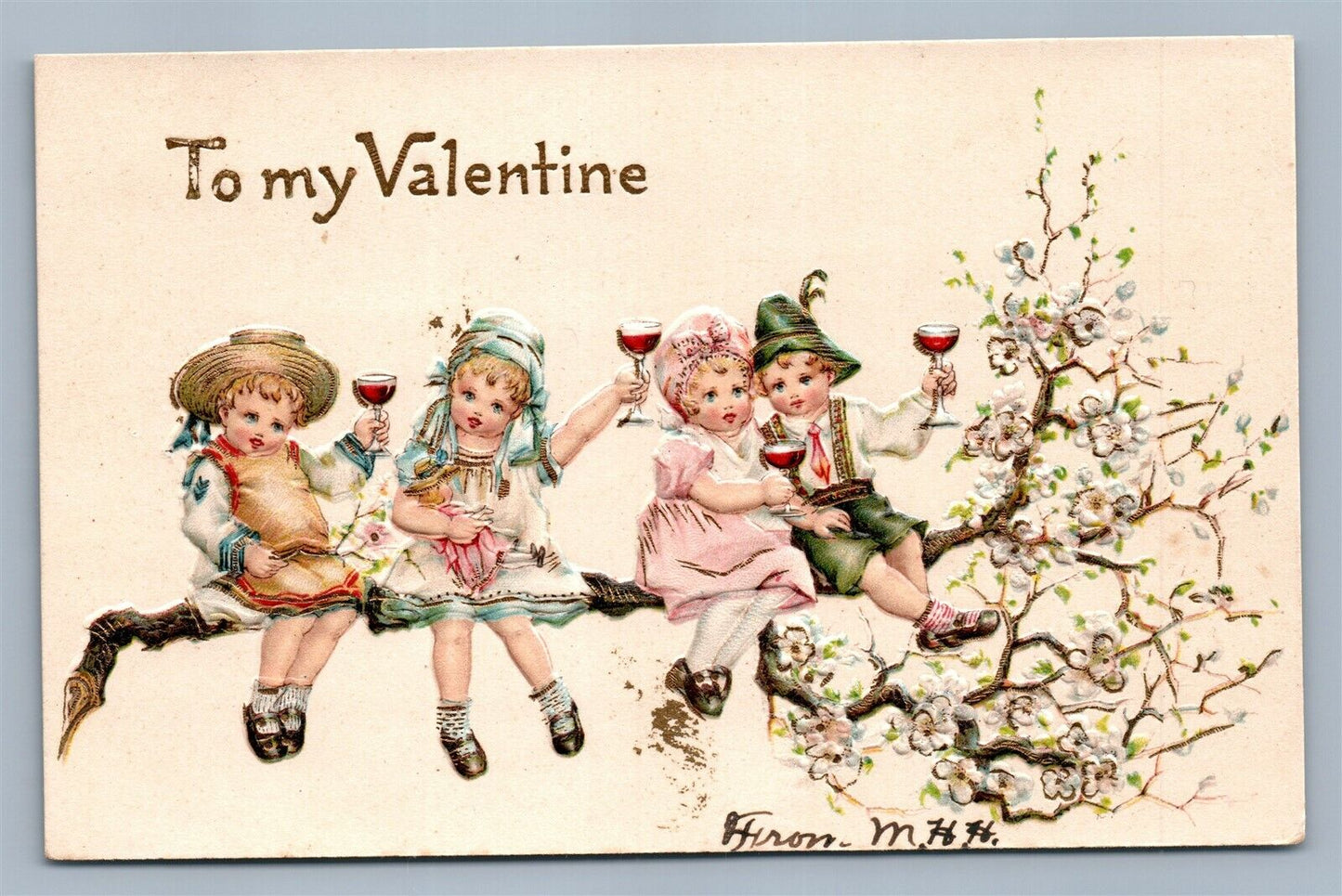 VALENTINE EMBOSSED ANTIQUE POSTCARD DRINKING KIDS