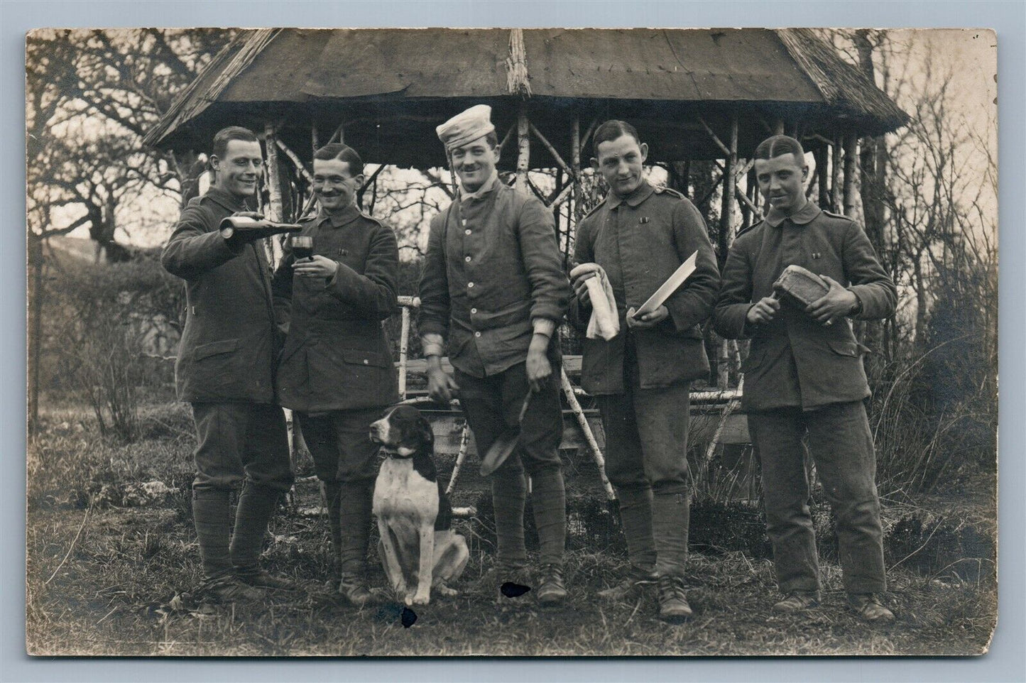 GERMAN WWI MILITARY WINE DRINKERS GROUP w/ DOG ANTIQUE REAL PHOTO POSTCARD RPPC