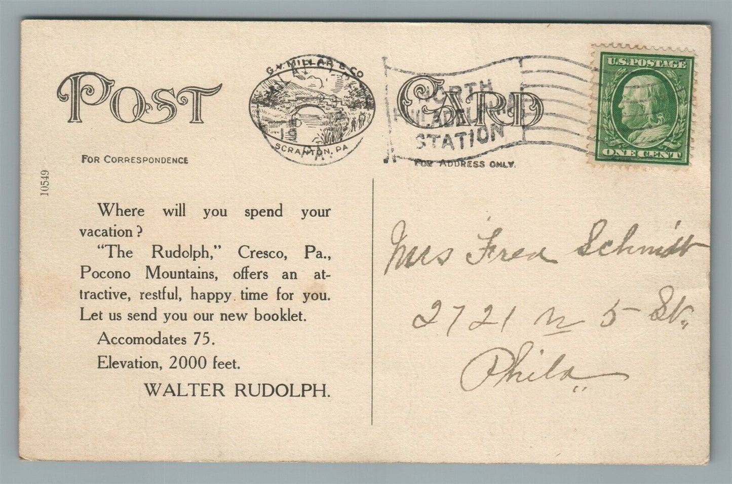 CRESCO PA THE RUDOLPH ANTIQUE POSTCARD