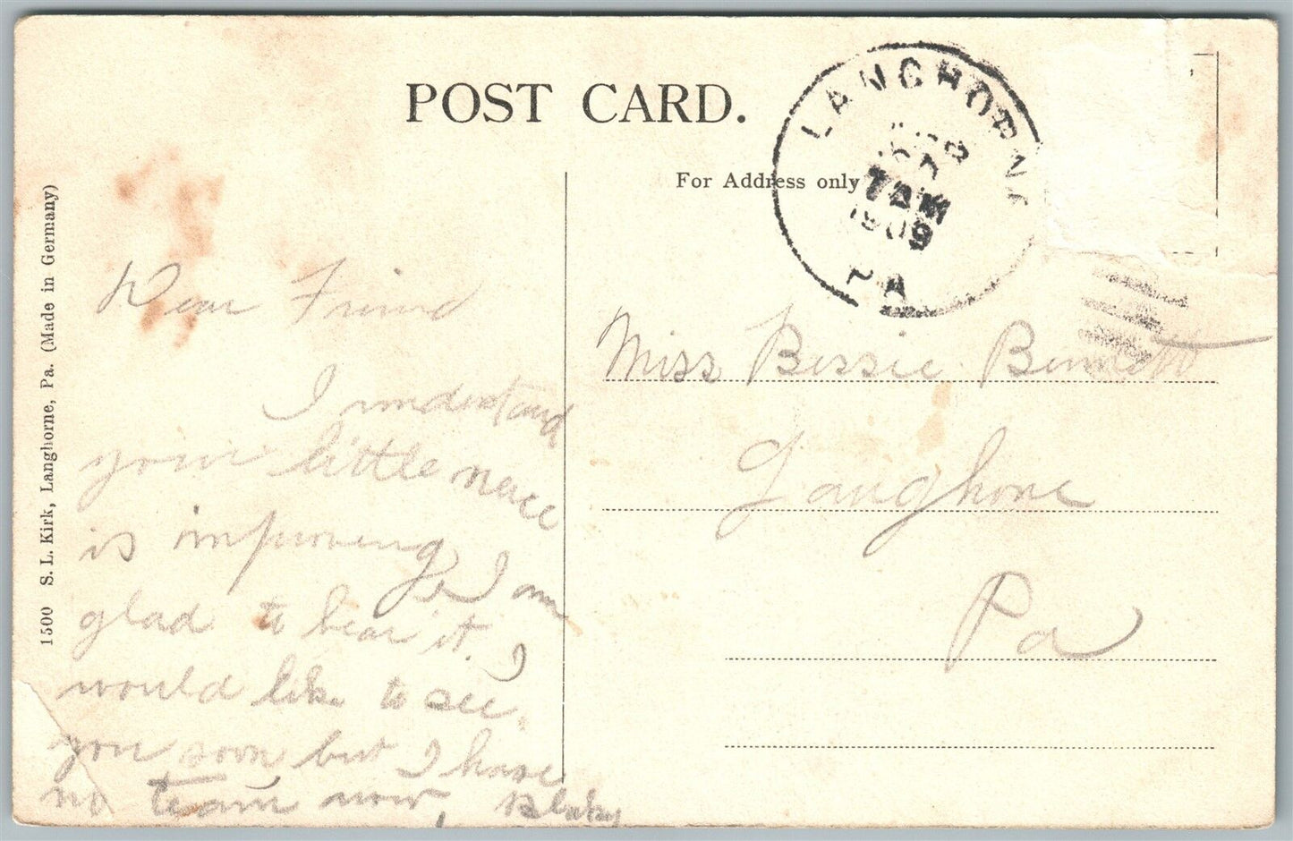 LANGHORNE PA COUNTRY CLUB & GOLF LINKS 1909 ANTIQUE POSTCARD