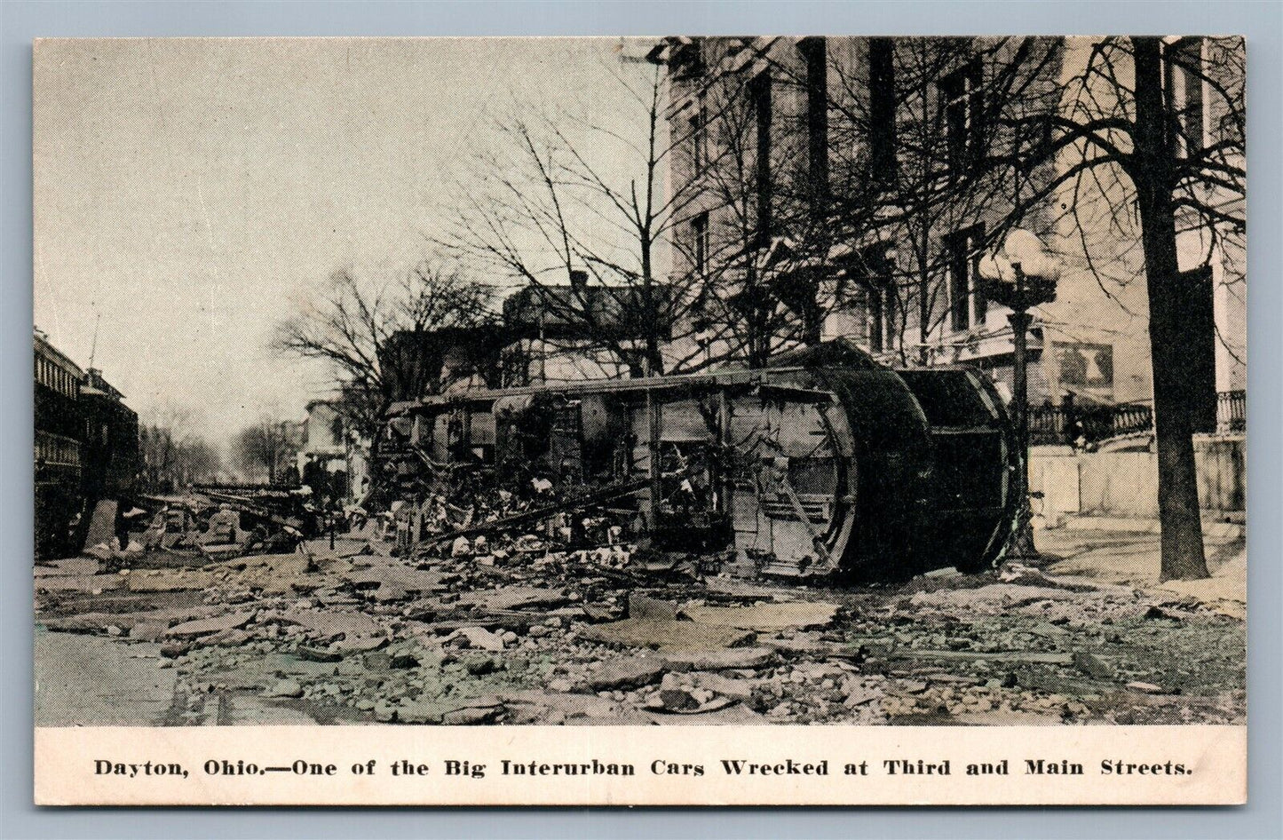 DAYTON OH flood BIG INTERURBAN CARS WRECKED ANTIQUE POSTCARD railway railroad