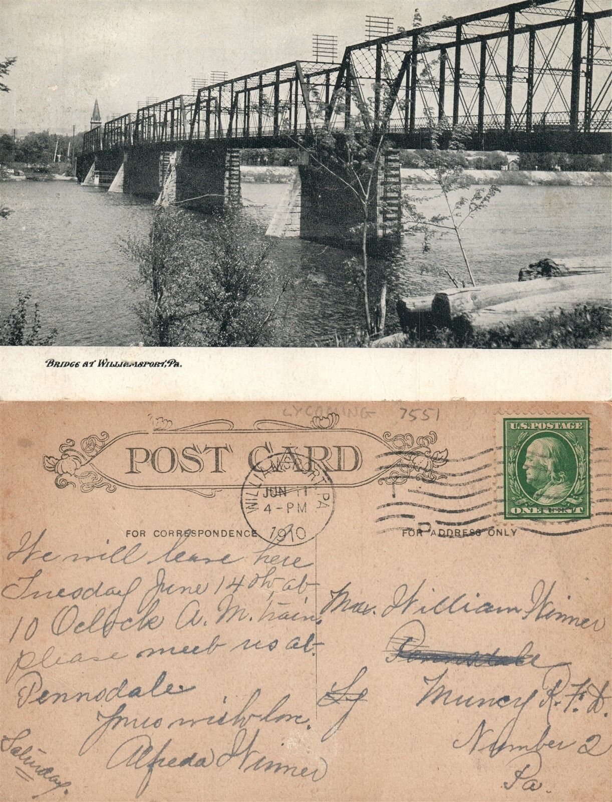 WILLIAMSPORT PA BRIDGE 1910 ANTIQUE POSTCARD