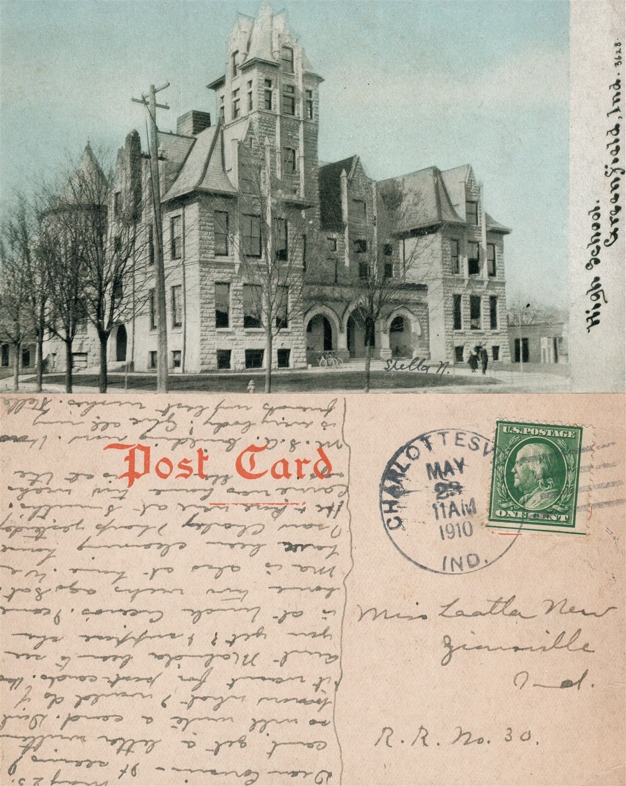 GREENFIELD IN HIGH SCHOOL ANTIQUE 1910 POSTCARD