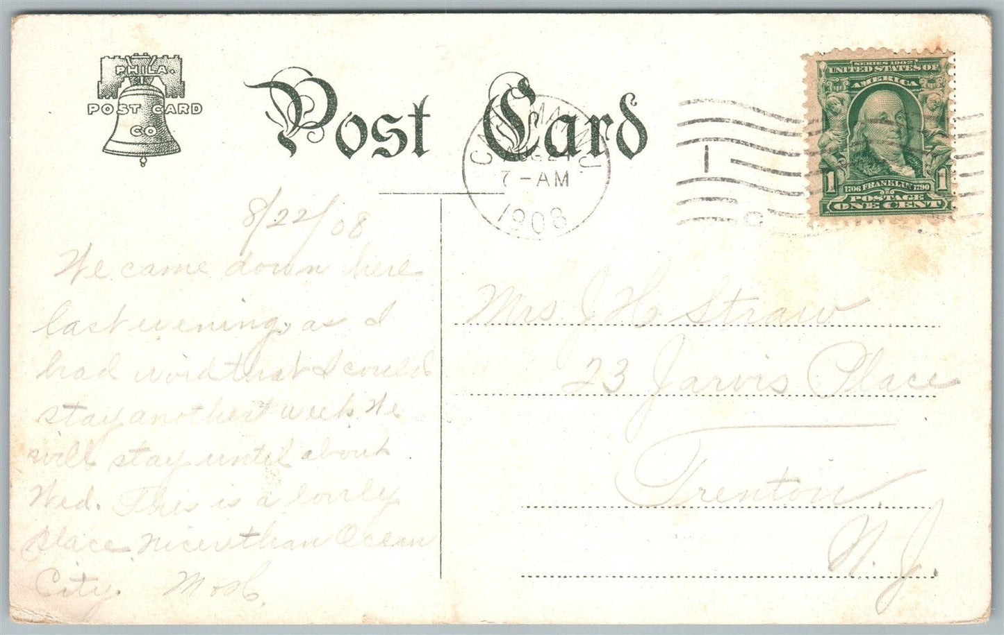 CAPE MAY NJ HOTEL LAFAYETTE 1908 ANTIQUE POSTCARD